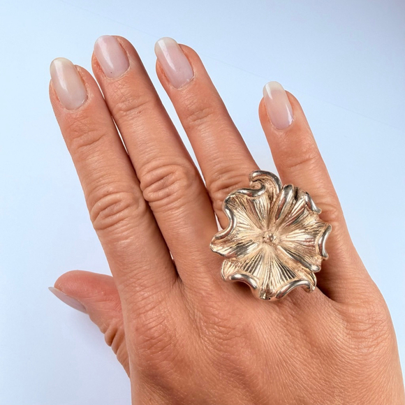 Modernist Sterling Silver 925 Sculptural BIG Blooming Flower 1.4" Vintage Ring - Picture 2 of 11